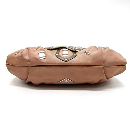 PRADA Hand Shoulder Bag Tote Purse Logo Nylon Leather Khaki Pink Authentic