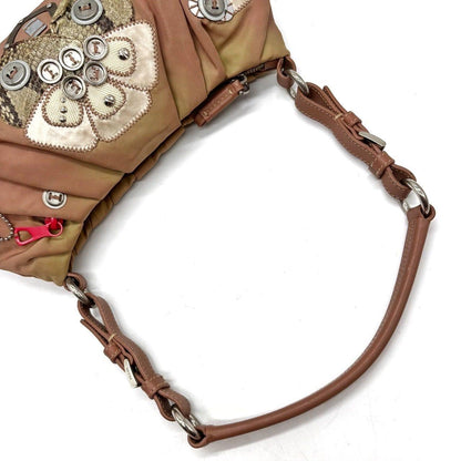 PRADA Hand Shoulder Bag Tote Purse Logo Nylon Leather Khaki Pink Authentic