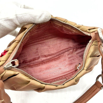 PRADA Hand Shoulder Bag Tote Purse Logo Nylon Leather Khaki Pink Authentic