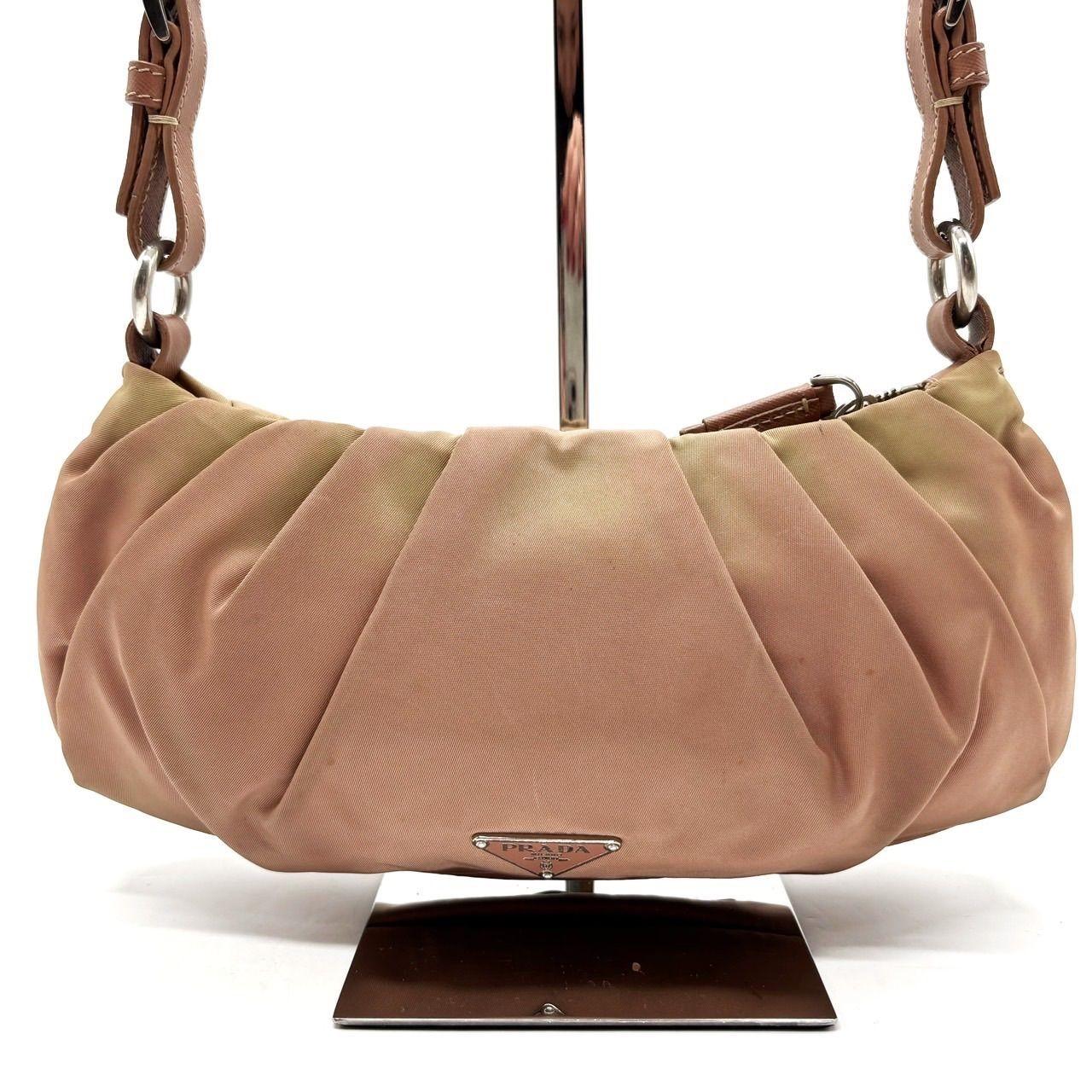 PRADA Hand Shoulder Bag Tote Purse Logo Nylon Leather Khaki Pink Authentic