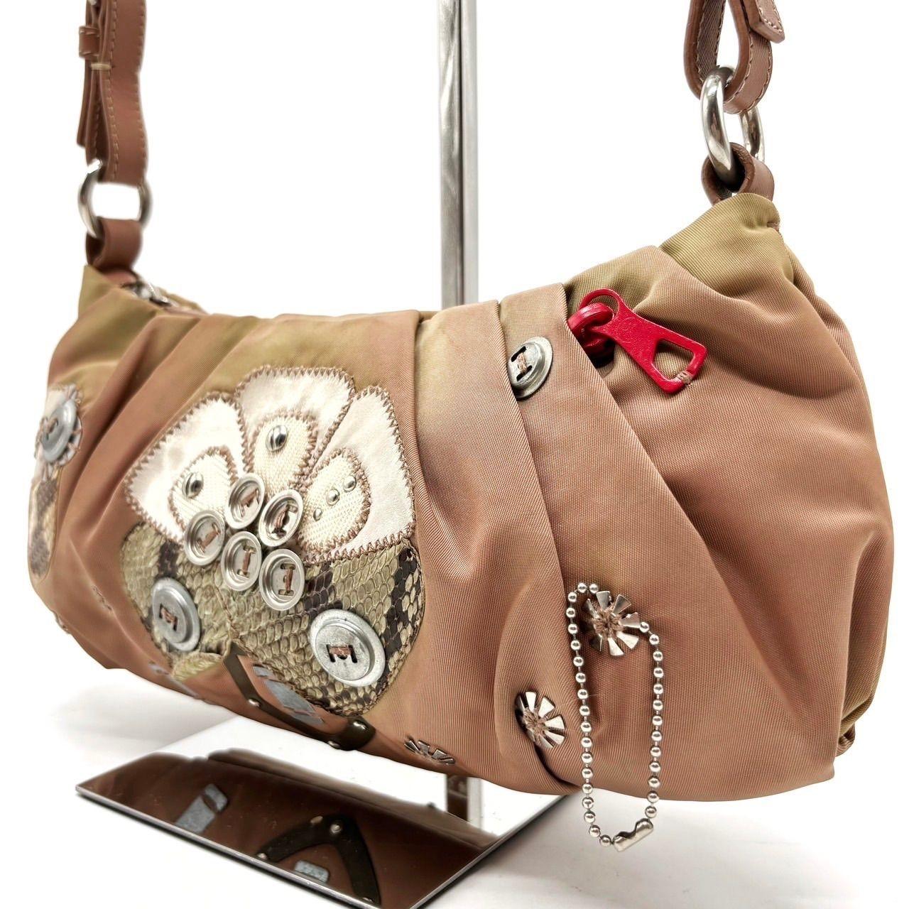 PRADA Hand Shoulder Bag Tote Purse Logo Nylon Leather Khaki Pink Authentic