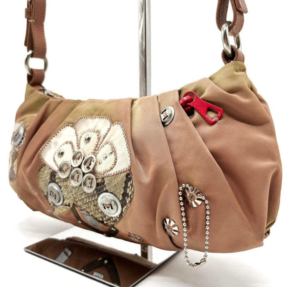 PRADA Hand Shoulder Bag Tote Purse Logo Nylon Leather Khaki Pink Authentic