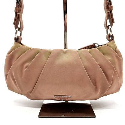 PRADA Hand Shoulder Bag Tote Purse Logo Nylon Leather Khaki Pink Authentic