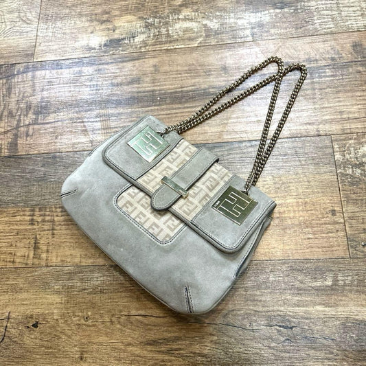 FENDI Hand Bag Tote Purse FF Zucca Zucchino Suede Gray Beige Authentic