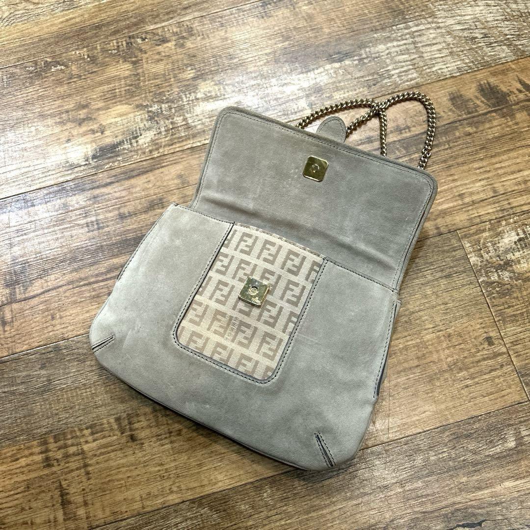FENDI Hand Bag Tote Purse FF Zucca Zucchino Suede Gray Beige Authentic