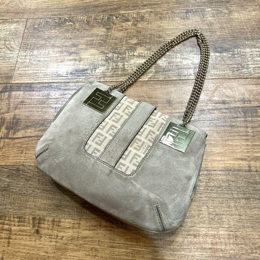 FENDI Hand Bag Tote Purse FF Zucca Zucchino Suede Gray Beige Authentic