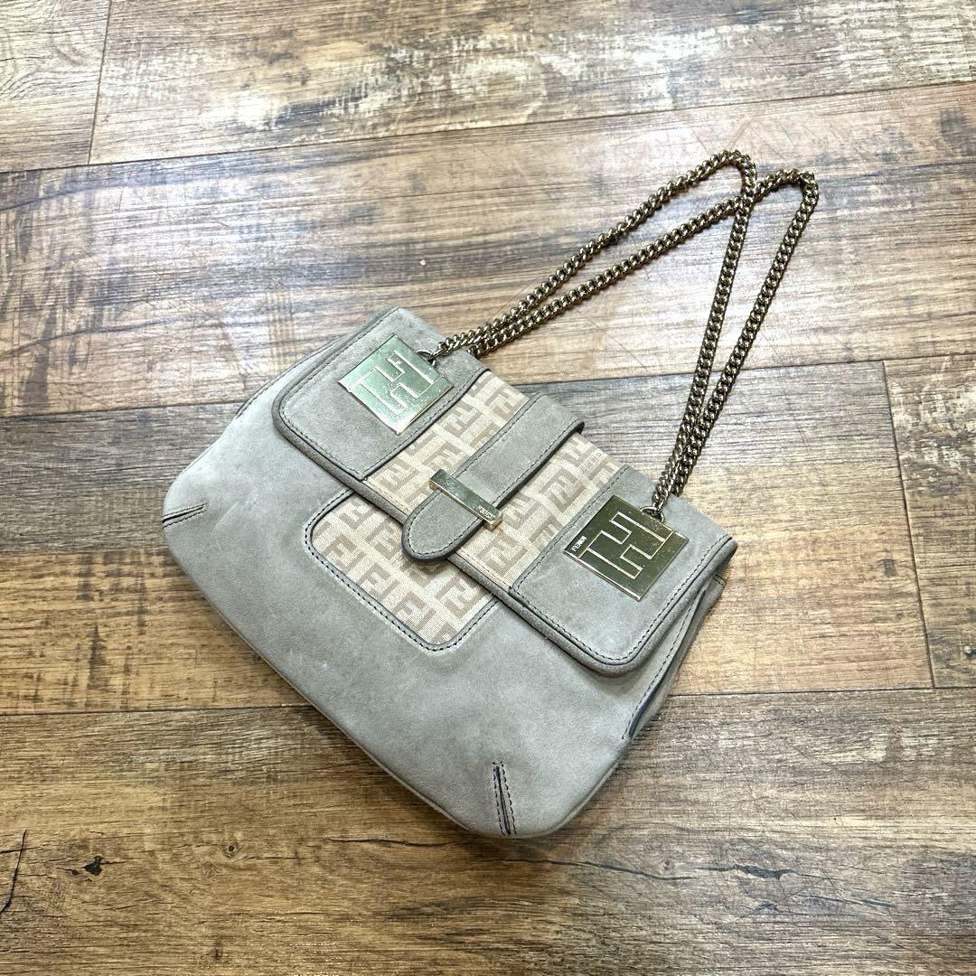 FENDI Hand Bag Tote Purse FF Zucca Zucchino Suede Gray Beige Authentic
