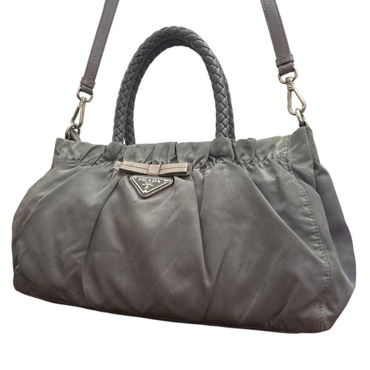 PRADA Hand Shoulder Bag Tote Purse 2way Logo Nylon Leather Gray Authentic