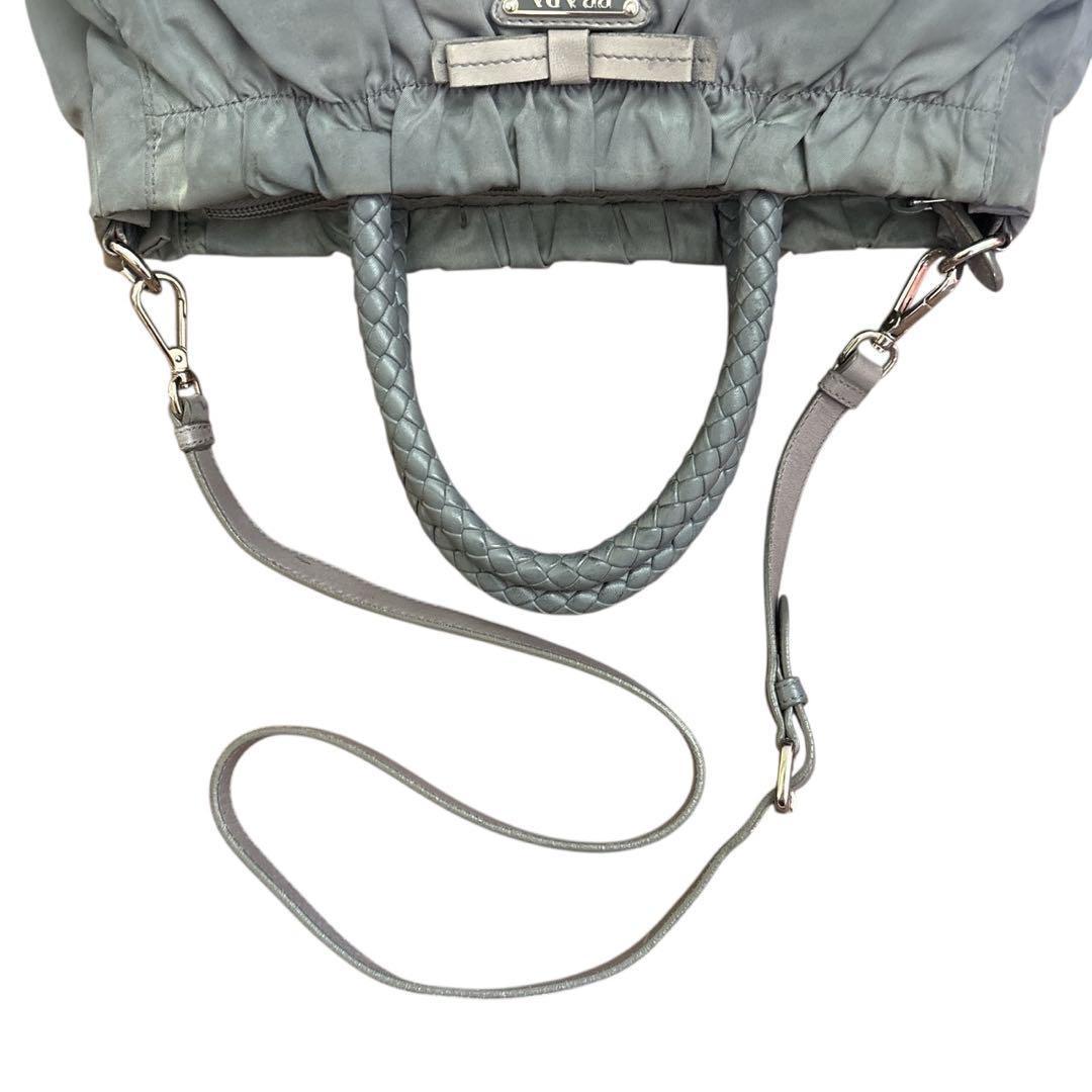 PRADA Hand Shoulder Bag Tote Purse 2way Logo Nylon Leather Gray Authentic