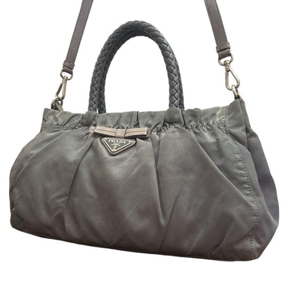 PRADA Hand Shoulder Bag Tote Purse 2way Logo Nylon Leather Gray Authentic