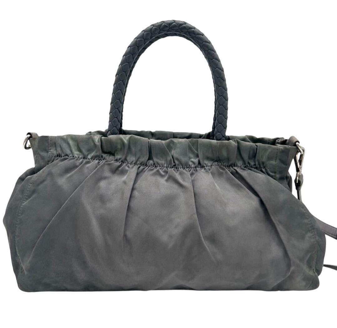 PRADA Hand Shoulder Bag Tote Purse 2way Logo Nylon Leather Gray Authentic