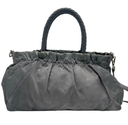 PRADA Hand Shoulder Bag Tote Purse 2way Logo Nylon Leather Gray Authentic