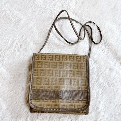 FENDI Shoulder Bag Purse FF Zucchino PVC Leather Beige Authentic