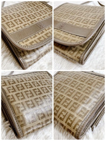 FENDI Shoulder Bag Purse FF Zucchino PVC Leather Beige Authentic