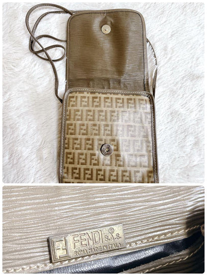FENDI Shoulder Bag Purse FF Zucchino PVC Leather Beige Authentic