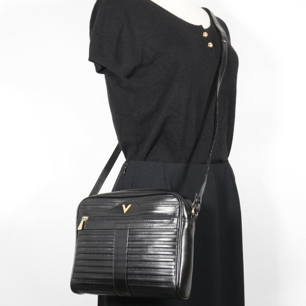 MARIO VALENTINO Shoulder Bag Purse 2way V Logo Leather Black Authentic