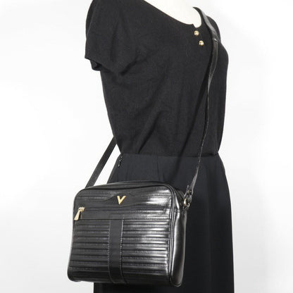 MARIO VALENTINO Shoulder Bag Purse 2way V Logo Leather Black Authentic