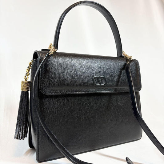 Valentino Garavani Hand Shoulder Bag Tote Purse 2way Logo Leather Black Auth