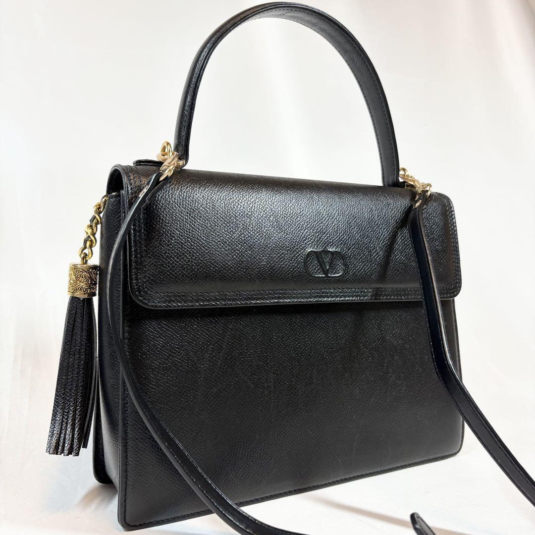 Valentino Garavani Hand Shoulder Bag Tote Purse 2way Logo Leather Black Auth