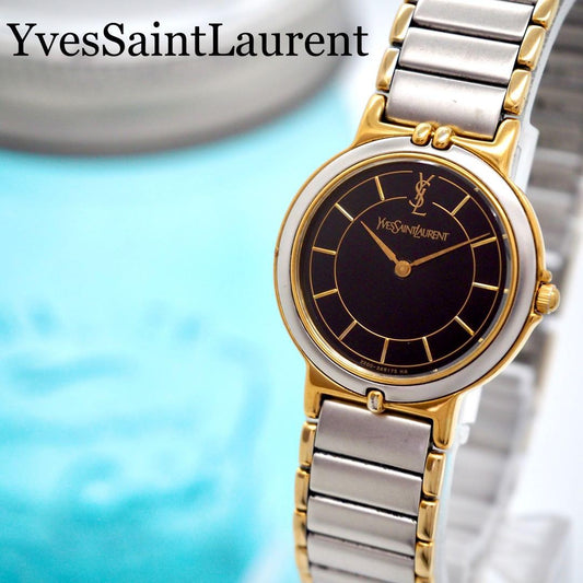 Saint Laurent Quartz Watch Wristwatch YSL Cassandra Black Silver Women's Auth