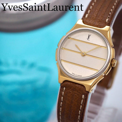 Saint Laurent Quartz Watch Wristwatch YSL Cassandra Gold Brown Women's Auth