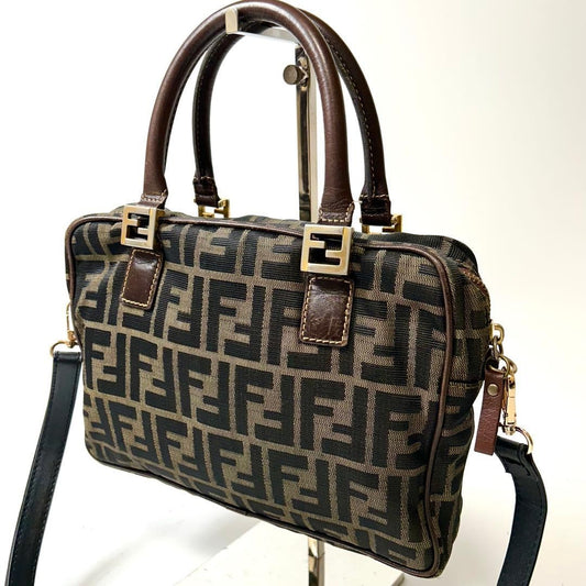 FENDI Hand Shoulder Bag Tote Purse 2way FF Zucca Canvas Khaki Authentic