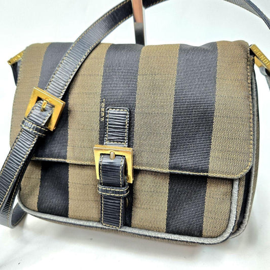 FENDI Shoulder Bag Purse Pecan Canvas Leather Authentic