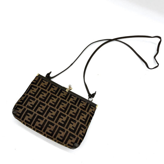 FENDI Shoulder Bag Purse FF Zucca Canvas Leather Brown Black Authentic
