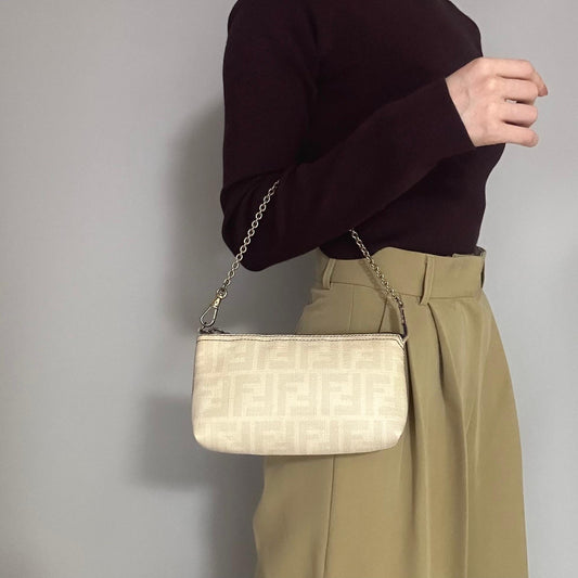 FENDI Hand Shoulder bag Zucca Chain Purse Accessory Pouch PVC Leather Off White