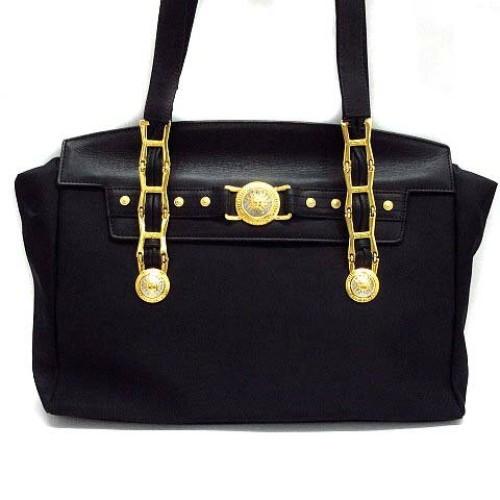VERSACE Shoulder Bag Purse Nylon Leather Black Authentic