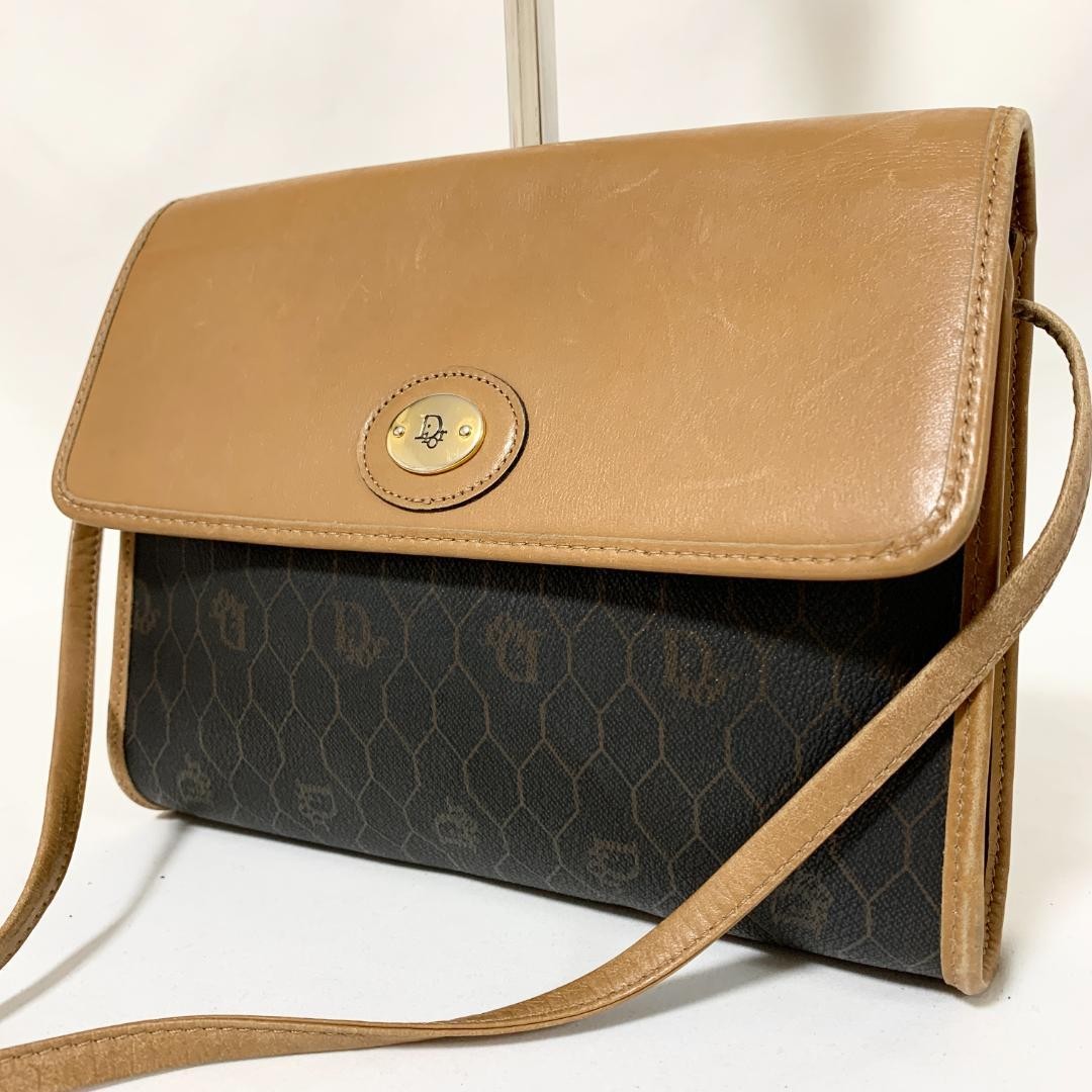 Christian Dior Shoulder Bag Purse Honeycomb PVC Leather Brown Authentic