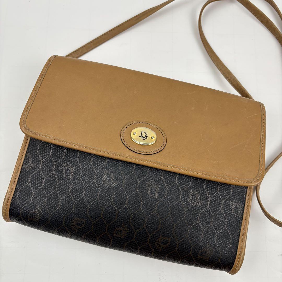 Christian Dior Shoulder Bag Purse Honeycomb PVC Leather Brown Authentic