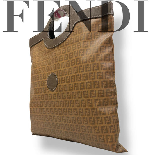 FENDI Hand Bag Tote Purse FF Zucchino Leather Nylon Brown Authentic