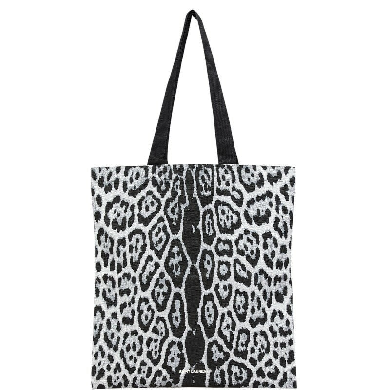 Saint Laurent Hand Bag Tote Purse Leopard Cotton Black Gray Authentic