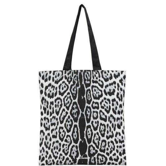 Saint Laurent Hand Bag Tote Purse Leopard Cotton Black Gray Authentic