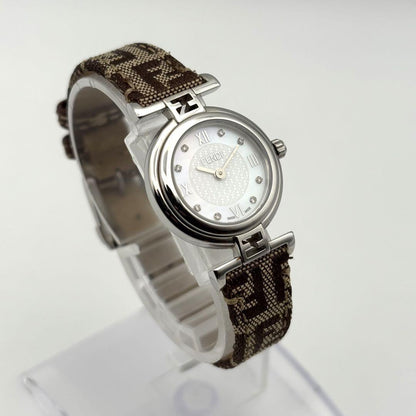 FENDI Quartz Watch Wristwatch FF Zucca Logo Brown Silver Women's Authentic