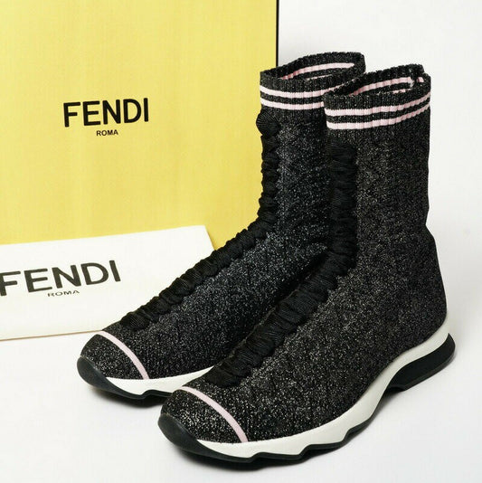 FENDI Socks Sneakers Shoes Glitter Knit Boots EU 39 US 9 Black Authentic