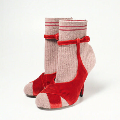 FENDI Short Boots Shoes ROCKOKO EU 37 US 7 Knit Velvet Red Purple Authentic