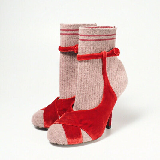 FENDI Short Boots Shoes ROCKOKO EU 37 US 7 Knit Velvet Red Purple Authentic