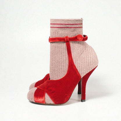 FENDI Short Boots Shoes ROCKOKO EU 37 US 7 Knit Velvet Red Purple Authentic