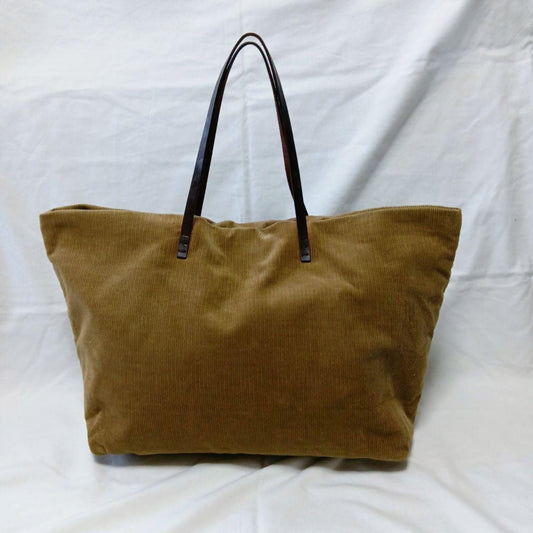 FENDI Hand Bag Tote Purse Corduroy Canvas Leather Beige Brown Authentic