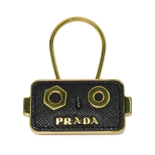PRADA Key Ring Keychain Bag Charm Robot Leather Metal Black Gold Authentic
