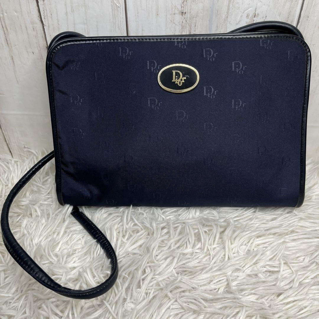 Christian Dior Shoulder Bag Purse Logo Leather Navy Authentic