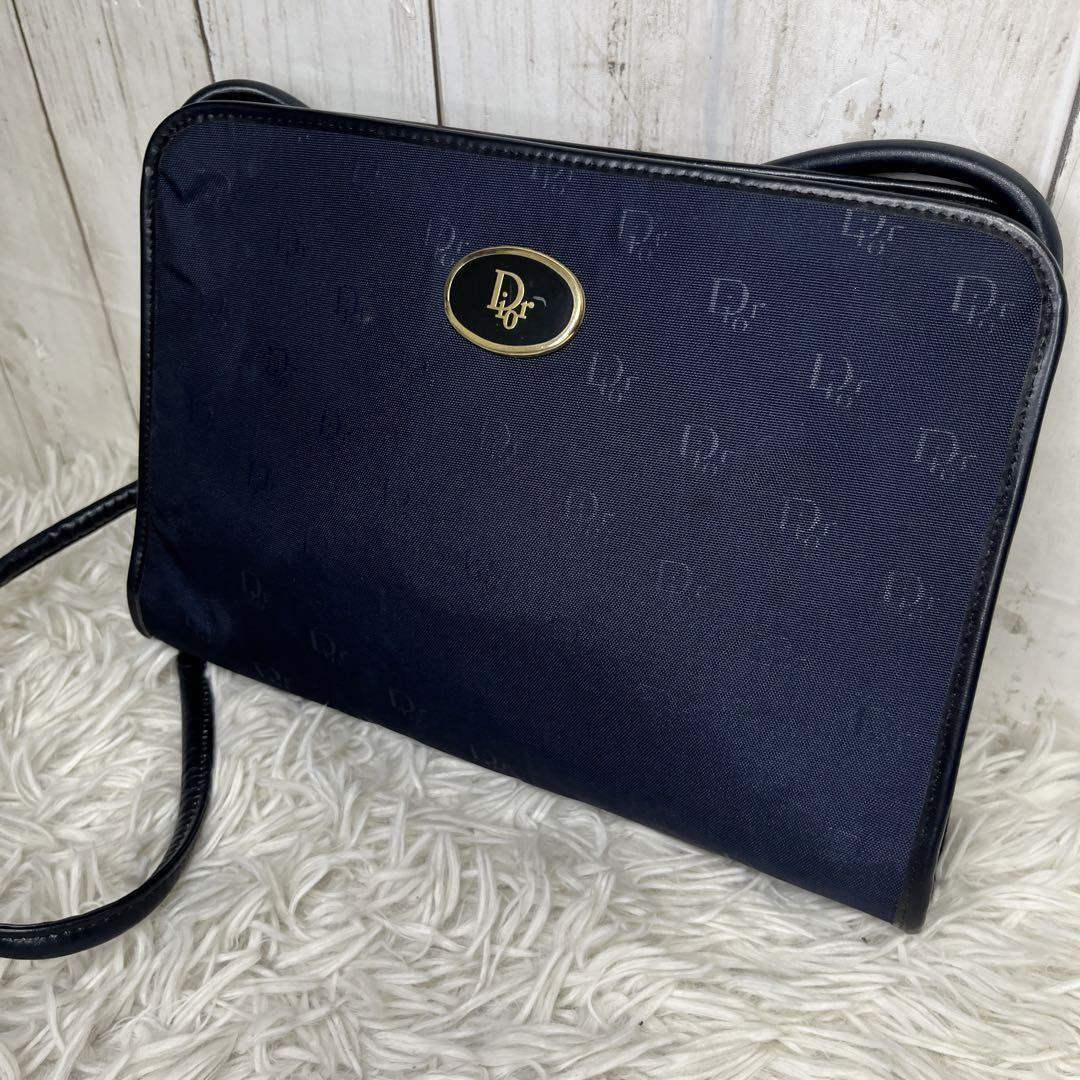 Christian Dior Shoulder Bag Purse Logo Leather Navy Authentic