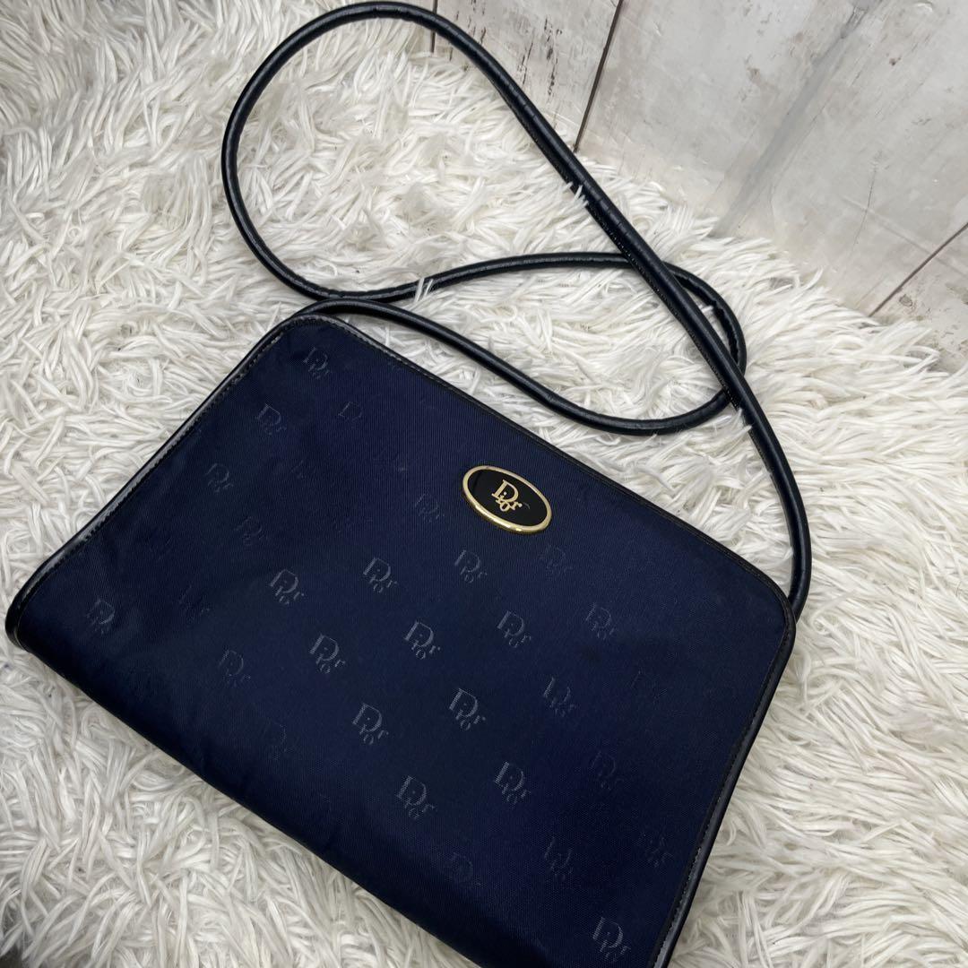 Christian Dior Shoulder Bag Purse Logo Leather Navy Authentic
