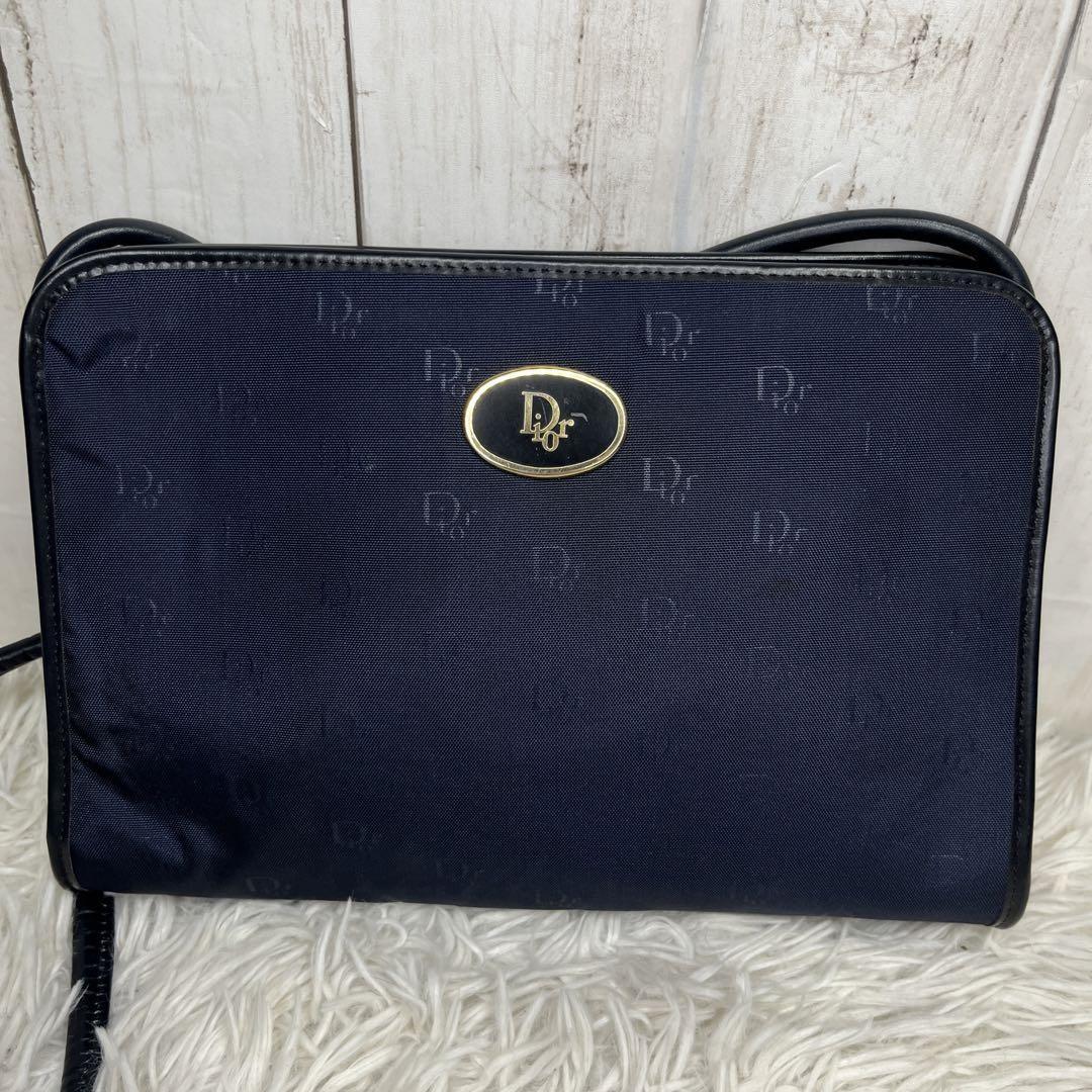 Christian Dior Shoulder Bag Purse Logo Leather Navy Authentic