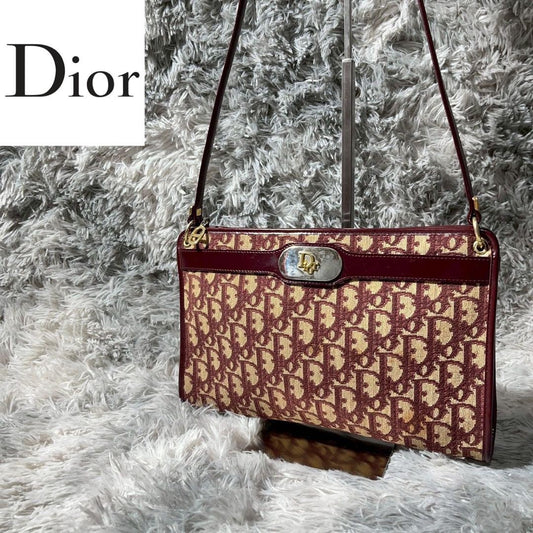 Christian Dior Hand Shoulder Bag Tote Purse Trotter Canvas Leather Bordeaux Auth