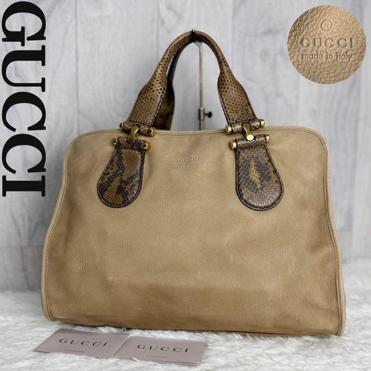 GUCCI Boston Bag Hand Bag Tote Purse Logo Suede Leather Beige Authentic