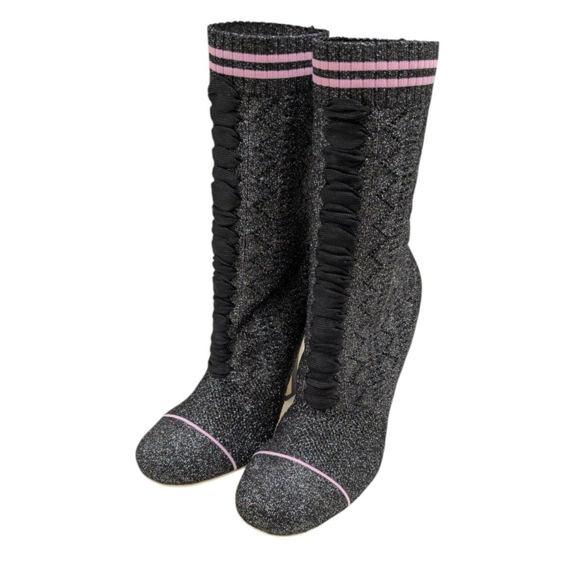 FENDI Sock Boots Shoes EU 38 US 8 Black Silver Authentic