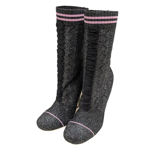 FENDI Sock Boots Shoes EU 38 US 8 Black Silver Authentic